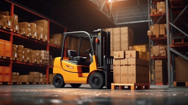 Forklift is loading pallet with boxes to shelves Generative AI