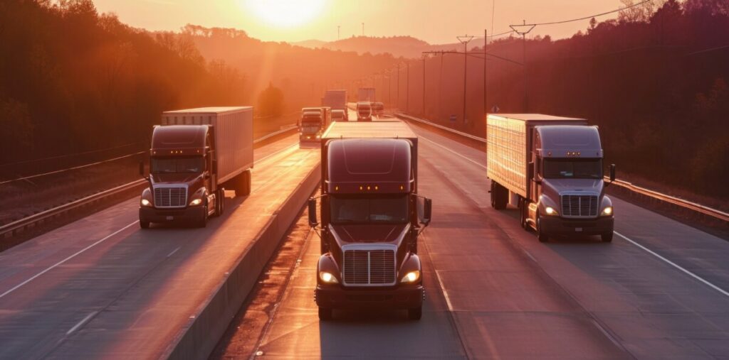three semi trucks drive down the road during sunset